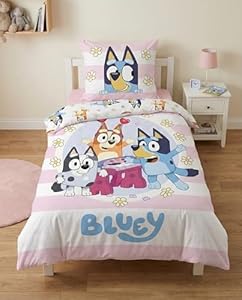 BrandMac Bluey Beddengoed voor kinderen, 140 x 200 cm, dekbedovertrek en kussensloop 65 x 65 cm, 100% zacht katoen, officieel design, Bluey, Bingo & Muffin, roze en wit
