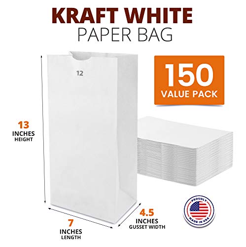 [150 Pack] White Paper Bags 13 X 7 X 4.5" 12 Lb Grocery Lunch Retail Shopping Durable Bleached Barrel Sack #TOP1