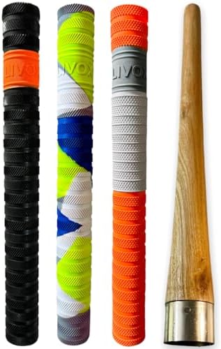 LIVOX Rubber Cricket Bat Handle Grip Cone Thunderblade Dynamic Texture for Better Shock Absorption Bat Gripper Cone Cricket Accessories for Boys Cricket Bat, 1 Wooden Cone & 3 Bat Grip