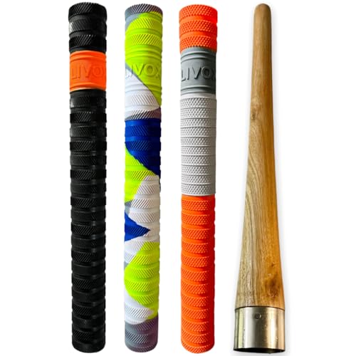 LIVOX Rubber Cricket Bat Handle Grip Cone Thunderblade Dynamic Texture for Better Shock Absorption Bat Gripper Cone Cricket Accessories for Boys Cricket Bat, 1 Wooden Cone & 3 Bat Grip