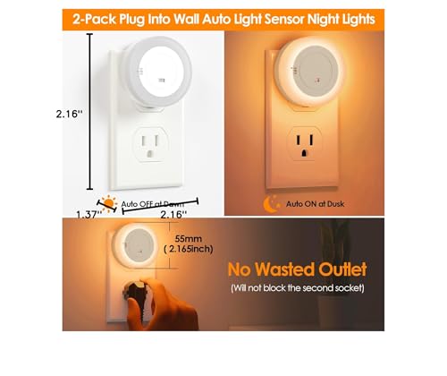 Image of 2-Pack LED Night Lights Plug in Dimmable with Sensor 2200K Amber White | Nightlight Plug Into Wall Adjustable for Adults Bedroom Bathroom Living Room Kitchen