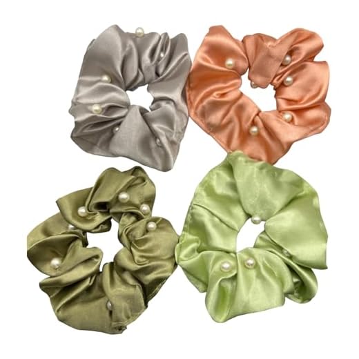 Satin Silk Pearl Hair Scrunchies Soft Premium Elastic Silk Fabric Women Hair Accessories Hair Ties Ponytail Holder Long Fine & Thick Curly Hair for Girls Women (4 Pcs Dark-Light Colors)