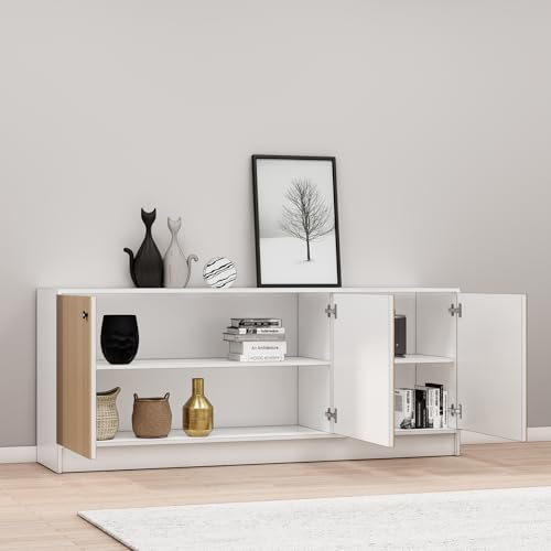 Image of Bniture Luxe Storage Cabinet for Living Room | Wooden Sideboard Cabinet with 3 Door & 3D Textured | Multipurpose Storage Cabinet Organizer for Home, Bedroom & Kitchen | Frosty White & Giant Wood