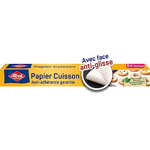 ALBAL Lot de 4 Papier cuisson (8m), Papier sulfurisé alimentaire anti-glisse et anti-adhérent, démoulage facile, scie de découpe intégrée