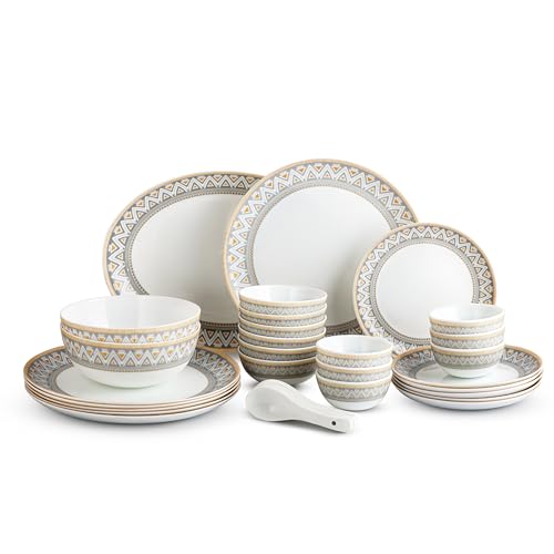 Image of Cello Divine Series Opalware Dinner Set 33 Pc | Trinity Gold | Opal Glass, Lightweight, Chip-Resistant | Microwave Safe, Dishwasher Safe | Scratch-Resistant | Crockery Set for Dining & Gifting | White