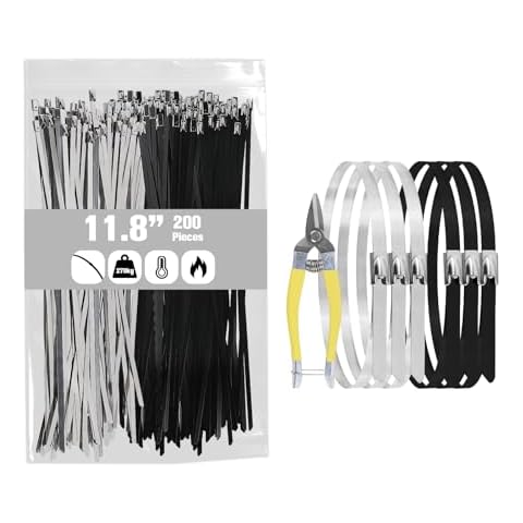 Metal Zip Ties Wire Cutters Heavy Duty for Outdoor, 304 Stainless Steel Self-Locking Wire Multi Purpose Cable Ties Cable Ties for Electrical, Garden, Machinery, Farms Pipes and Outdoor Use - 200 Pack Cover