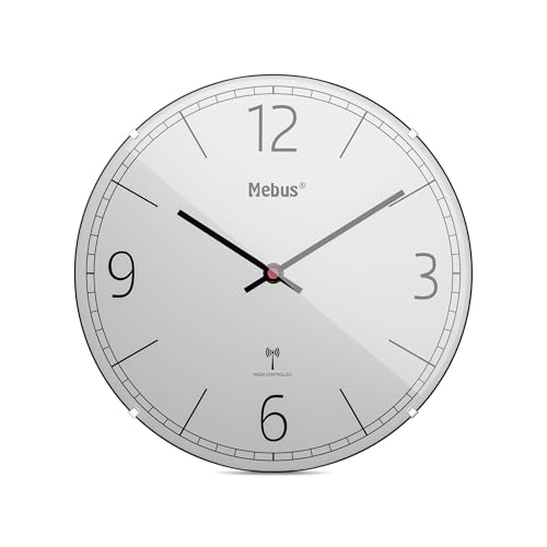 Mebus Funk-Wanduhr, lautlos, Kuppelglas, Rahmenlos, grau, Modell 12986 - Modernes Design und exakte Zeit