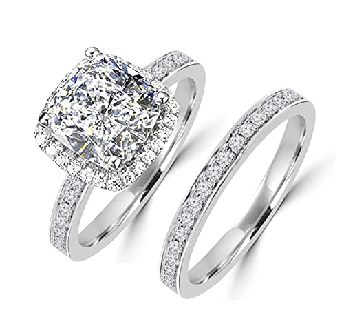 101 facets 2 Carat Princess Cushion Cut NSCD Simulated Diamond Ring Band Set Solid 925 Silver Halo DBCUSHSET7