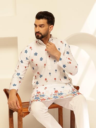 Image of SOJANYA (Since 1958 Men's Cotton Kurta Pyjama with Daman Print & Krochet Embroidery