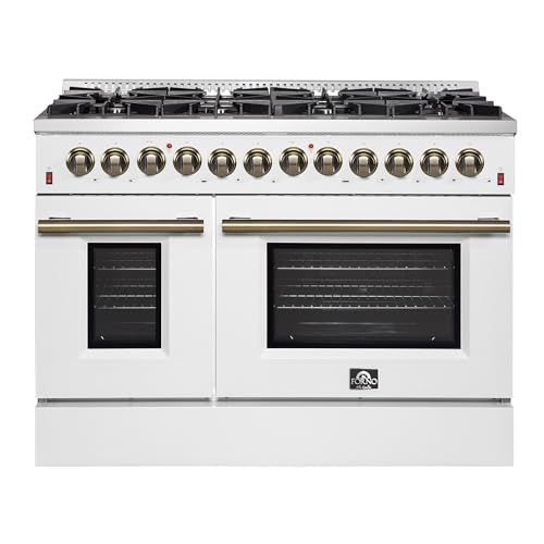 Forno Galiano 48-Inch Dual Fuel Range in White with Antique Brass Accents - 8 Sealed Burners 107,000 BTU, Integrated Griddle, 6.58 cu.ft. Double Convection Ovens