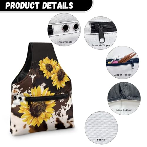 Image of KUIFORTI Sunflower Yarn Storage Bag Organizer Cow Print Crochet Tote Bag Portable Knitting Bags for Women Crochet Bags Small Size