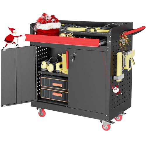 Kelueo Metal Garage Storage Cabinet with Wheels,Lockable Storage Cabinets with Adjustable Shelf,Steel Tool Locker with Pegboard and Handle for Garage,Warehouse