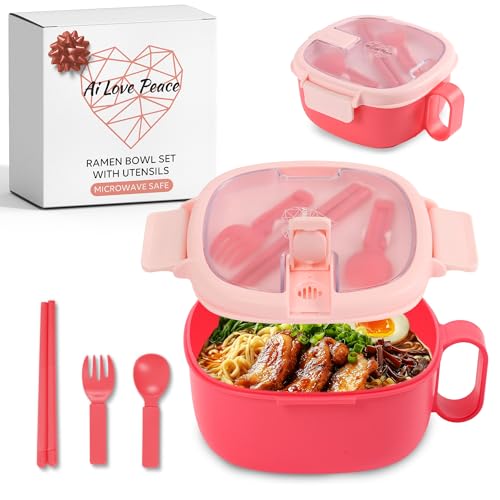 AI LOVE PEACE Microwavable Ramen Bowl Cooker with Lid - Leakproof Noodle Container with Built-In Utensils, BPA-Free, Dishwasher & Freezer Safe [Bright Pink]