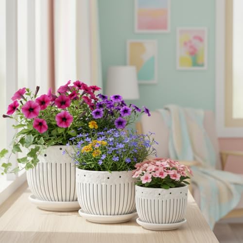 Image of Xtore Graceful Embossed Ceramic Planter Set of 3 with Drain Trays | Floral Textured Indoor Pots for Living Room, Balcony & Shelf Decor (Pack of 3, Planter only)