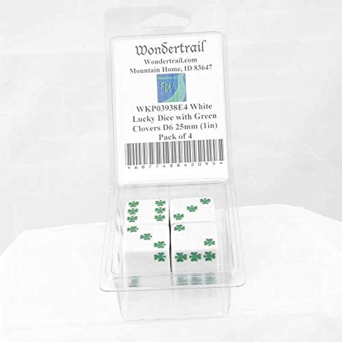 White Lucky Dice with Green Clovers D6 25mm (1in) Pack of 4 Wondertrail