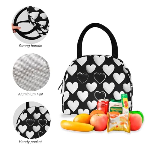 Black White Heart Print Backpack Set with Lunch Bag, Large Capacity Travel Backpacks and Lunch Box Insulated for Commute Hiking Picnic4