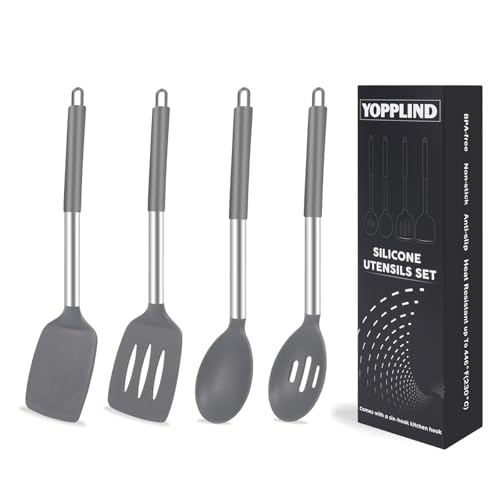 5-Piece Silicone Kitchen Tool Set, BPA-Free, Heat-Resistant, Non-Stick & Dishwasher-Safe, with Slotted/Solid Spoons & Spatulas for Frying, Mixing, Draining – Includes Multi-Purpose Serving Hook(Gray)