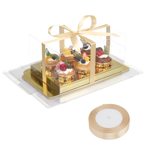 EUSOAR Gold Cupcake Boxes, 6 Pack Clear Muffins Pastry Container 6 Count with Gift Ribbon, Rectangle Bakery Cookies Dessert Holder Disposable Pastry Mini Cake Carrier for Wedding Party Favor Decor