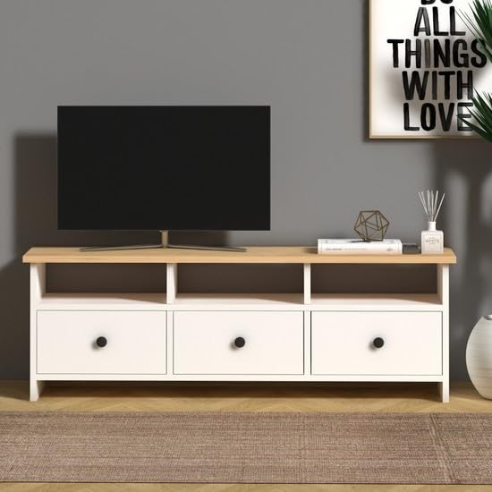 Generico Mobile TV per TV fino a 45 pollici, per Soggiorno e Camera da Letto, 120 x 30 x 42 cm, in legno - Bianco e Rovere