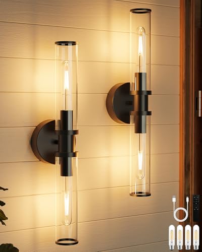 Image of Rayogale Black Wireless Battery Operated Wall Sconces with Remote Control | Glass Rechargeable Wall Lights Set of 2 with Timer Function Dimmable for Living Room Bedroom Emergency 3000K, 20.5 Inch