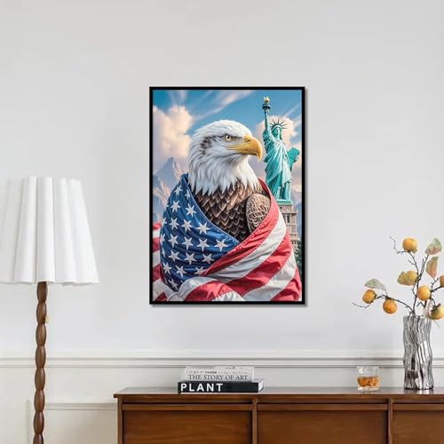 Image of 4th of July DIY 5D Diamond Painting Kits for Adults, American Flag Eagle Diamond Art Kits for Adults, Statue of Liberty DIY Full Drill Round Diamond Painting Patriotic Wall Decor 12x16 Inch