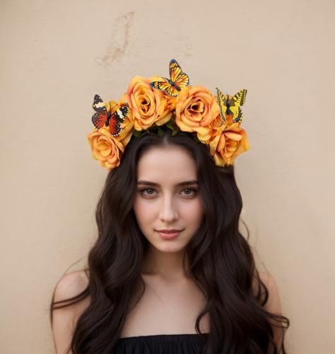 Rannyrena Elegant Butterfly Flower Headband for Women Boho Handmade Rose Floral Crown Wedding Bridal Festivals Cosplay Prom Photo Props Headpiece (A3 yellow, Adjustable)