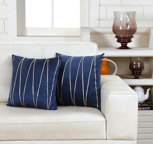 Image of Amazon Brand - Umi Gold Leather Striped Pack of 2 Throw Pillow Covers Velvet Decorative Cushion Covers Cases for Sofa Bedroom Livingroom Car 14 x 14 in Blue Color