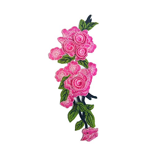 MSCFTFB 4 Pieces 3D Long Rose Flower Embroidered PatchSew on Patches Applique Sewing Crafts Kit for Clothes Jeans Jackets Bags DIY Embellishments Decorations (Pink)