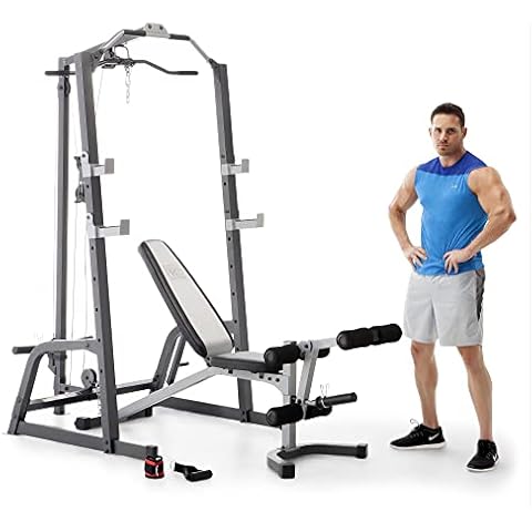 Marcy Pro Deluxe Cage System with Weightlifting Bench All-in-One Home Gym Equipment PM-5108,Black/Silver Cover