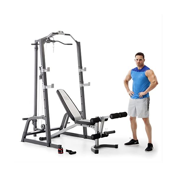 Marcy Pro Deluxe Cage System with Weightlifting Bench All-in-One Home Gym Equipment PM-5108,Black/Silver