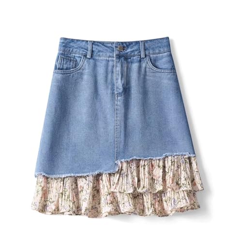 MGWYE Falda Vaquera con Retazos Florales, Falda asimétrica a la Cadera de Verano for Mujer (Color : Blue,White, Size : L)