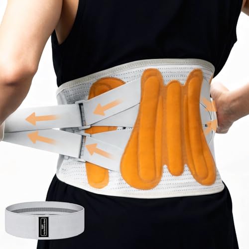CabyGift Back Brace and Resistance Band Set for Men & Women – Adjustable Lumbar Support Belt for Lower Back Pain Relief with 5 Metal Stays, Breathable Mesh for Herniated Disc, Sciatica, Scoliosis (Large)