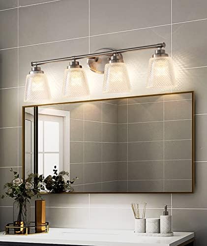 Vainness Gentle Fixture Over Mirror ,Rustproof Lavatory Lighting fixtures , 4 Lights Fashionable Crystal Glass Wall Sconces for Lavatory, Brushed Nickel Ending