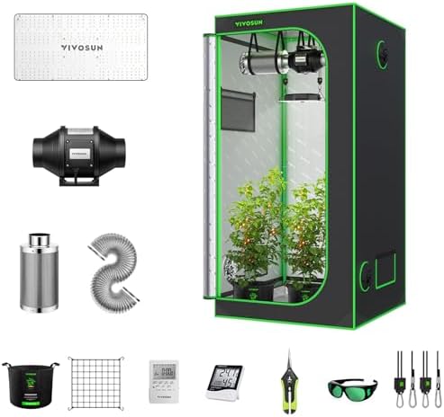 Indoor Grow Tent Packages That Will Transform Your Growing Experience 4 VIVOSUN GIY 3x3 Grow Tent Complete System, 3x3 ft. Grow Tent Kit Complete with 4-inch Inline Fan Package, VS2000 LED Grow Light, Temperature Humidity Monitor, Netting, Grow Bags, Pruning Shear & Timer
