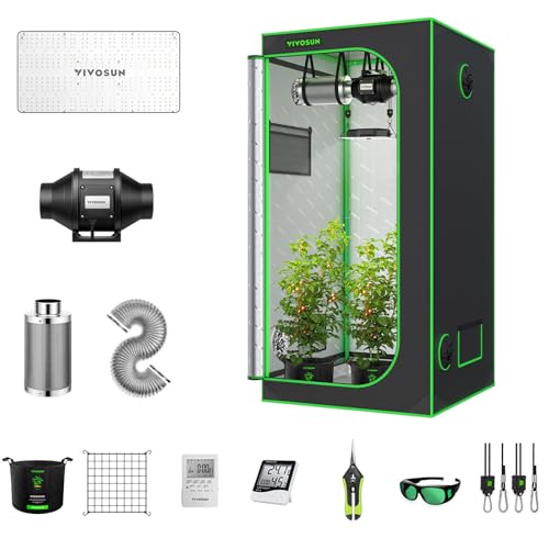 VIVOSUN GIY 3x3 Grow Tent Complete System, 3x3 ft. Grow Tent Kit Complete with 4-inch Inline Fan Package, VS2000 LED Grow Light, Temperature Humidity Monitor, Netting, Grow Bags, Pruning Shear & Timer