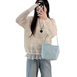 [MzcoYmm] サマーニット レディース 長袖 サマーセーター クルーネック メッシュ トップス 透かし編み プルオーバー レース 切り替え ゆったり 透け感 きれいめ 柔らかい トラベル 通勤 普段着 春 夏 秋