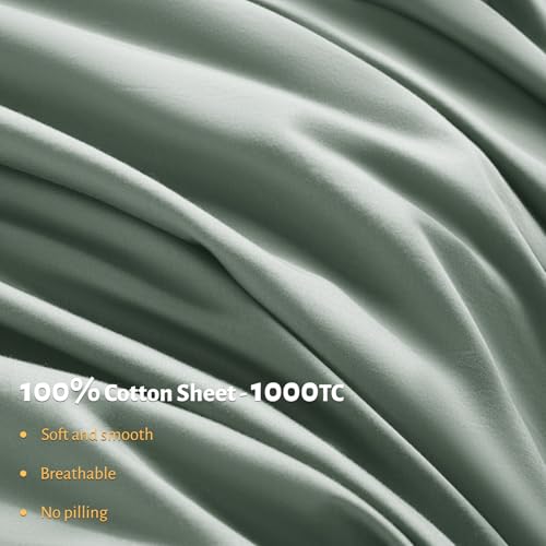 Shilucheng 100% Egyptian Cotton King Size Sheets Set - 1000 Thread Count,Luxury Cotton Bed Sheets,Breathable & Cooling Bedding and Pillow Cases, 16 Inch Deep Pocket - 4 Piece (Sea Glass, King)