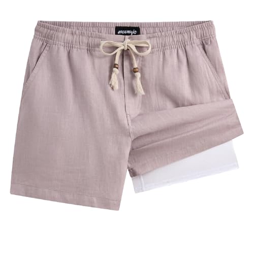 maamgic Mens Casual Linen Shorts 5/7 Inch Elastic Waist Drawstring Summer 2 in 1 Beach Short with Pockets