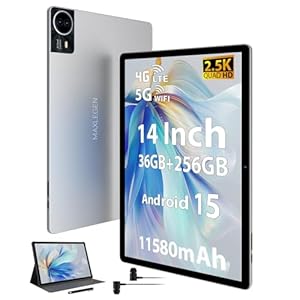 MAXLEGEN Tablet 14 Zoll, 2.5K Touch Display, 36GB RAM+256GB ROM 1TB TF SIM Tablet, 4G LTE+5G WiFi, Android 15, Octa-Core, 4 Lautsprecher, 13MP, 11580mAh, GMS, GPS, Tablets mit Pen/Hülle/Kopfhörer