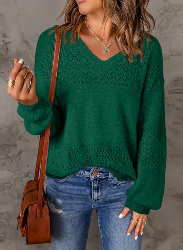 Image of SHEWIN Women's Sweaters Casual Long Sleeve V Neck Crewneck Lightweight Crochet Pullover Sweater Tops