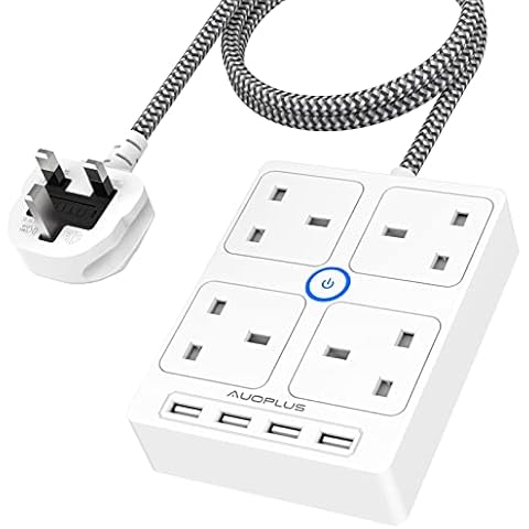 Extension Lead with USB Slots,AUOPLUS Power Strips with 4 Way Outlets 4 USB Ports,Multi Plug Surge Protector Charging Station with 1.8M Braided Extension Cord, Power Extension for Home & Office Cover