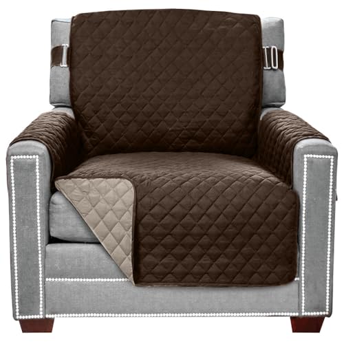 Sofa Shield® Couch Armchair Covers for Dogs, Reversible Furniture Protector with Strap, Stain and Tear Resistant Cushion Cover, 23 inch Seat, Machine Washable Slipcover Pets, Cats, Chocolate Beige