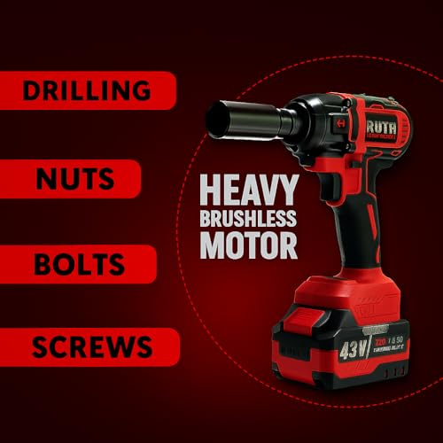 Image of RUTH 4-in-1 Cordless Impact Wrench /Driver Drill 48V, 850Nm Torque, 2x5.0Ah Li-ion Batteries, Variable Speed, LED Light | 30-Piece Kit of Sockets & Bits, Fast Charger & Carry Case. (Red And Black)