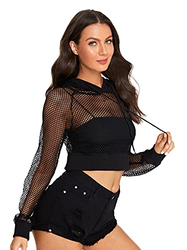 Verdusa Women's Sexy Long Sleeve Fishnet Pullover Hooded See Through Mesh Crop Top Black S #TOP1
