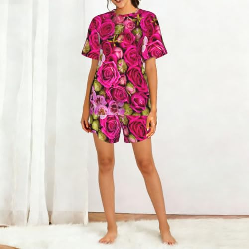 Pyjama manches courtes femme vêtement de nuit respirant ensemble imprimé roses - 3