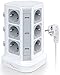 KOOSLA Regleta enchufes proteccion sobretension(4000W/16A), Regleta Vertical con 12 Enchufes y 6 USB-A, Regleta Vertical Torre Enchufe con 3 interruptores Individuales, 2M Cordón, Blanco