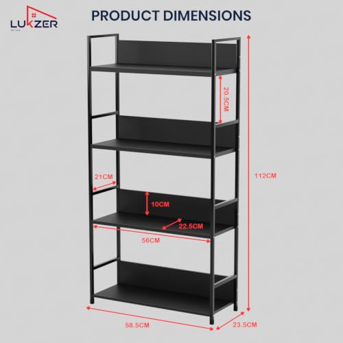 Image of Lukzer 4-Tier Multipurpose Kitchen Organizer Rack (MMR-001 /Black & Black) Metal Frame with Engineered Wood Storage Rack, Bookshelf Stand for Living Room, Bedroom & Office (112 x 58.5 x 23.5 cm)