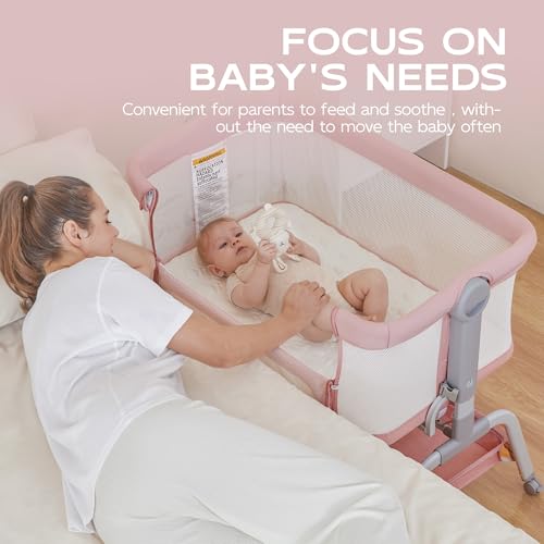 Image of BabyBond Baby Bassinet, 3 in 1 Bassinet Bedside Sleeper with Washable Soft Mattress and Sheet, 6 Height Adjustable Bedside Crib, 4-Sided Mesh Bedside Bassinet for Baby