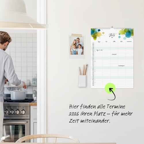 heaven+paper Kalender 2026 Wandkalender 5 Spalten – Familienkalender im Kunstdesign, Kalender 2026 für fünf zum aufhängen mit Aquarell – Made in Germany