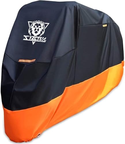 Image of XYZCTEM Motorcycle Cover - All Season Waterproof Outdoor Protection - Precision Fit up to 96.5 Inch Tour Bikes, Choppers and Cruisers - Protect Against Dust, Debris, Rain and Weather(XL,Black& Orange)